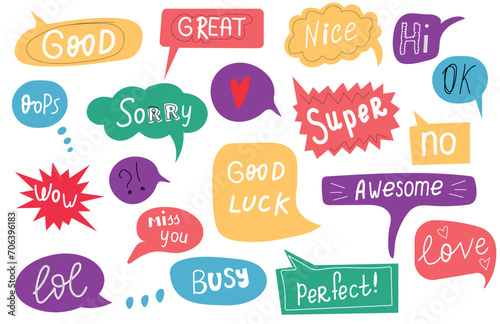Colorful cartoon speech bubble with handwritten short text good luck, sorry, busy, miss you, super. Talk bubble box. Speak balloon. Communication, dialog, feedback vector symbols. Vector illustration.