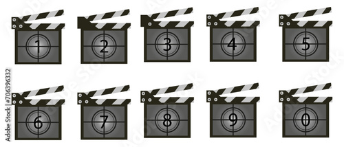 Set of numerator with number line icon. Film, cinema, popcorn, theater, director, actor, screen, art, comedy, film. Vector icon for business and advertising