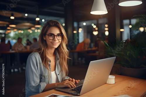 Digital Nomad Chic, Beautiful Girl Freelancer , student, Young Woman Working on her Computer in a Trendy Cafe Environment, background blur illustration