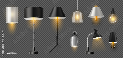 Desk and floor lamps, sconce for wall, interior design, and illumination for home. Vector isolated modern lights model with bulb giving soft glow. Bedside lampshades or office spotlights photo