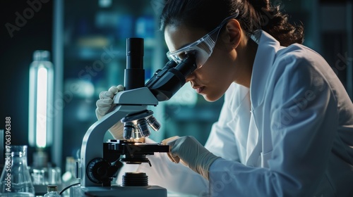Medical Science Laboratory: Portrait of Beautiful Scientist Looking Under Microscope Does Analysis of Test Sample.