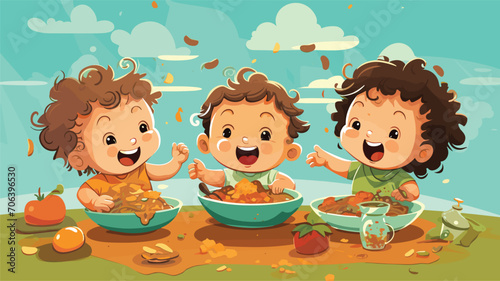 joy of mealtime and the exploration of new flavors in a vector scene featuring babies trying solid foods, making adorable messes, and delighting in the sensory experience of eating. 