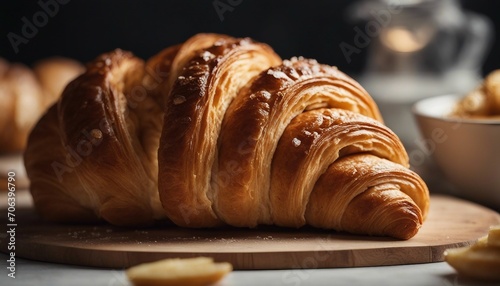 Freshly baked croissants on a wooden board, closeup