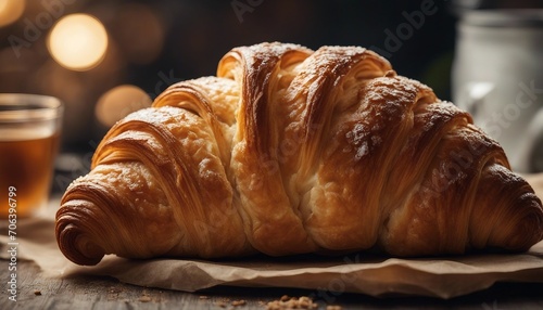 Fresh croissant on wooden table, closeup © Maule
