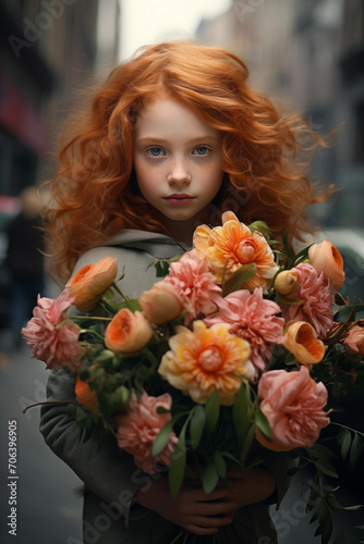 A girl with striking red hair and a captivating stare holds a lush bouquet of flowers on an urban street.  © RaptorWoman