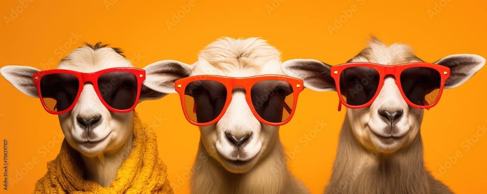 Three Goats in Sunglasses: A Quirky Fashion Statement on a Vibrant Yellow - Generative AI