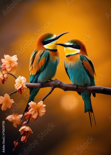 Vibrant Bee-Eater Duo on a Blossomed Branch Against Golden Hues - Generative AI