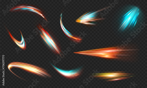 High speed motion blurry trails. Vector isolated effects of movement, futuristic flash perspective. Light on roads or street at night. Neon glowing and shining on transparent background