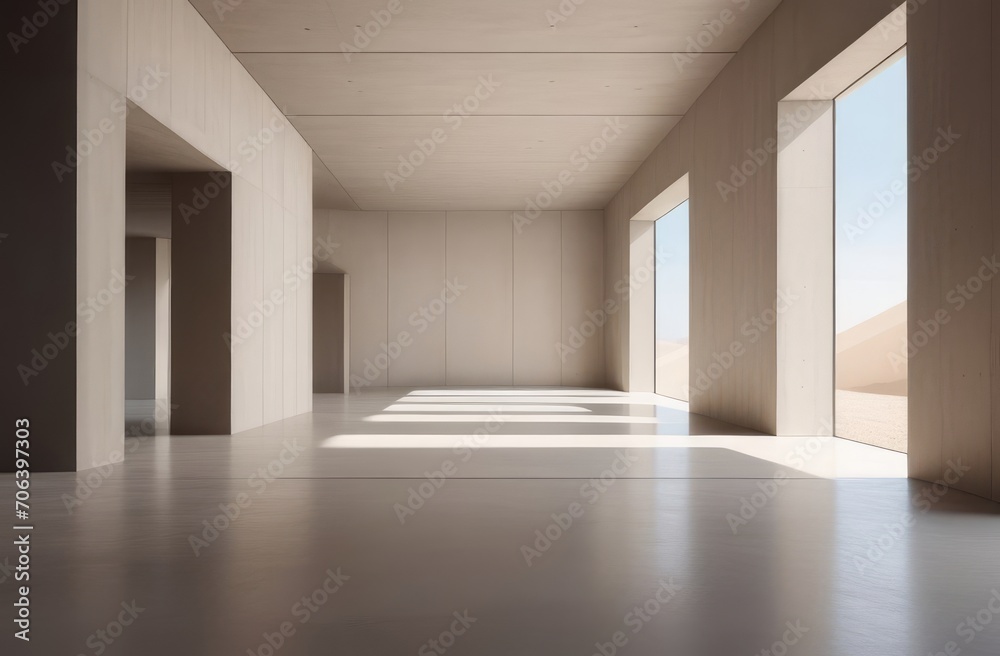 minimalist architectural design in beige tones in sunlit, stark concrete space
