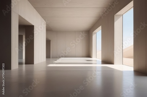 minimalist architectural design in beige tones in sunlit  stark concrete space