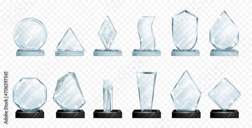 Clear glossy glass trophy for winner of competition or contest. Vector isolated realistic crystal badges on pedestal with shiny effect. Championship and success, reward for work, plexiglass award