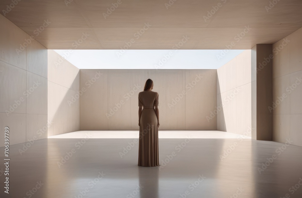 female figure in sunlit stark concrete space. minimalist architectural design in beige tones.