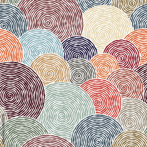 Composition of multicolored circles with optical illusion spirals. Abstract geometric background. Modern style design. Seamless repeating pattern.