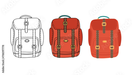 Camping Backpack. Flat and lineart vector illustration for travel, nikes, trips tourism, voyage or vacation isolated on white background. Sports or camping bag. Model with pockets and belts.