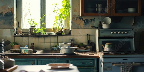 A picture of a dirty kitchen with a window and a sink. This image can be used to depict a neglected or messy kitchen. Suitable for illustrating cleaning, home improvement, or renovation concepts