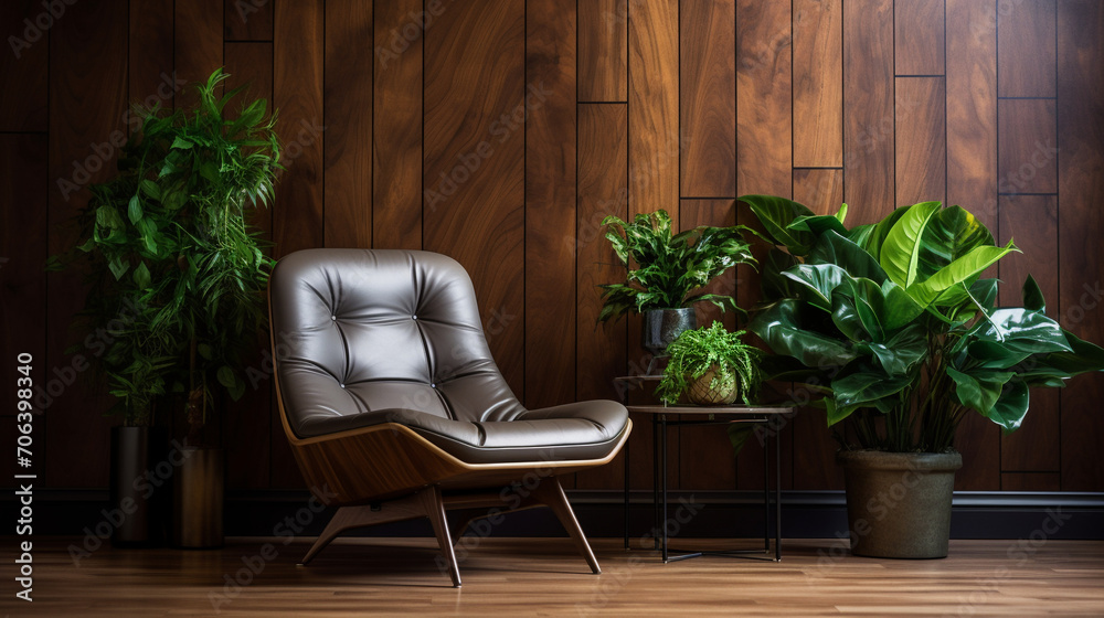 Natural Tranquility: Mid-Century Lounge Chair near Potted Houseplants and Wood Paneling Wall
