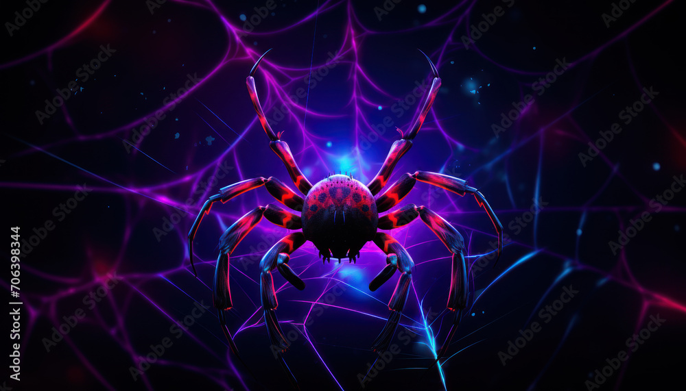 Spiderweb texture in neon colours on black background, neon web background with spider Spiderweb texture in neon colours on black background, neon web background with spider