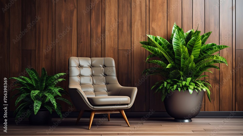 Retro Retreat: Modern Living Room with Lounge Chair, Wood Paneling, and Greenery