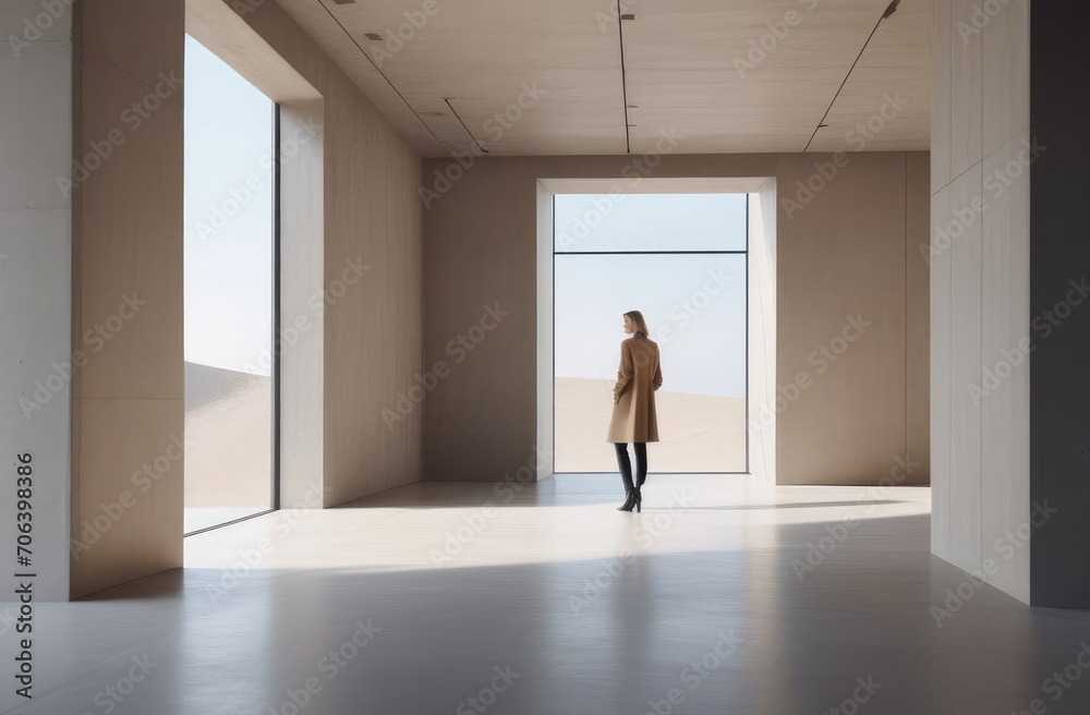 Fototapeta premium minimalist architectural design in beige tones. female figure in sunlit stark concrete space