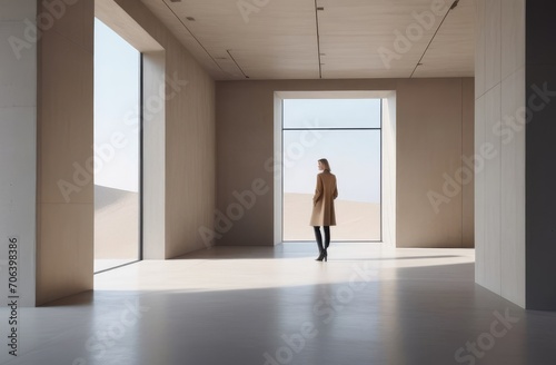 minimalist architectural design in beige tones. female figure in sunlit stark concrete space