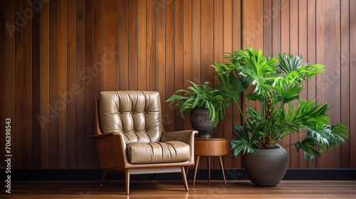 Mid-Century Comfort: Lounge Chair Amidst Wood Paneling Wall and Potted Houseplants
