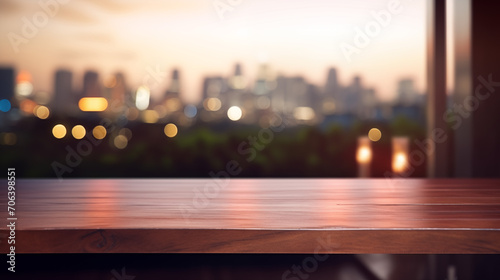 Empty wooden table with blurred background of a luxury hotel room on Valentine's Day