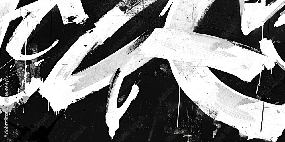 Fototapeta premium Generative AI, Black and white type fonts, brush pen letters as graffiti symbols on the wall, street art. Melted paint.