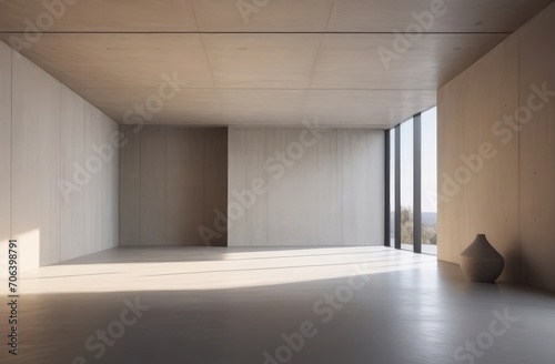 Sunlit architectural space. Minimalist interior with beige walls  concrete floor in an empty room