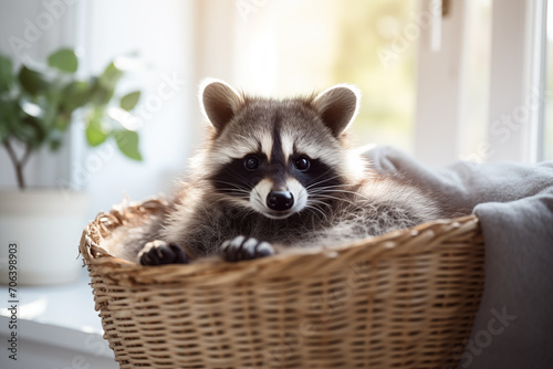 A cute young tame raccoon resting in a pet bed, space for text. Generative AI