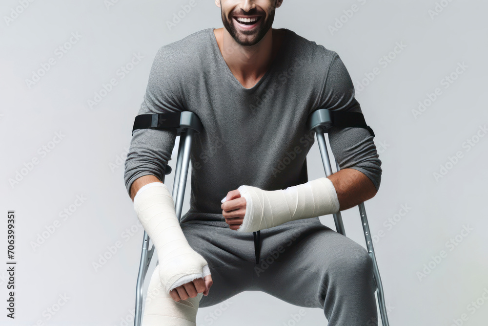 A man with a broken arm in a cast on crutches on solid white background. ai generative - obrazy, fototapety, plakaty 