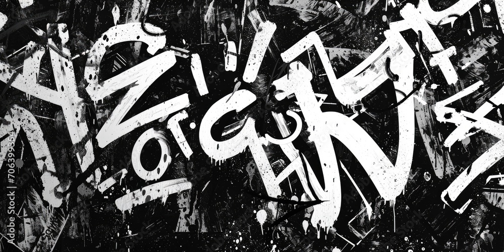 Fototapeta premium Generative AI, Black and white type fonts, brush pen letters as graffiti symbols on the wall, street art. Melted paint.