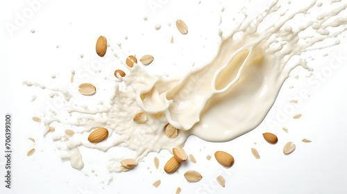 Oat milk splash with almonds isolated on white background