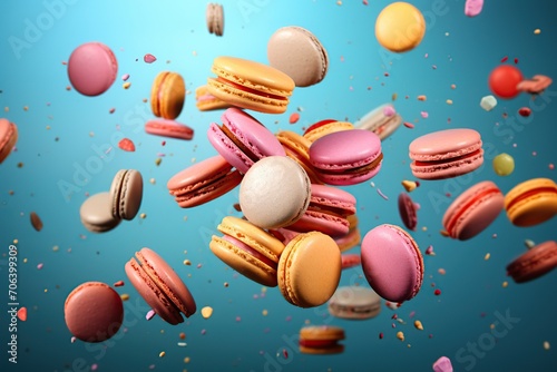 Falling colorful macarons on blue background © Alina