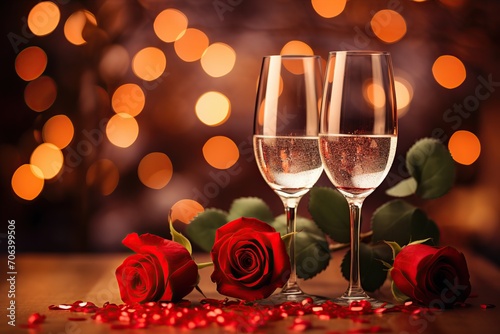 Valentines day concept. Champagne glasses and flowers on blurred background © Alina