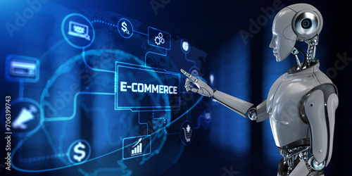 E-commerce Online shopping. Robot pressing button on screen 3d render. © Murrstock