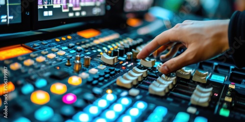 Close up shot of a person pressing buttons on a mixer. This image can be used to illustrate audio mixing, music production, sound engineering, or DJing