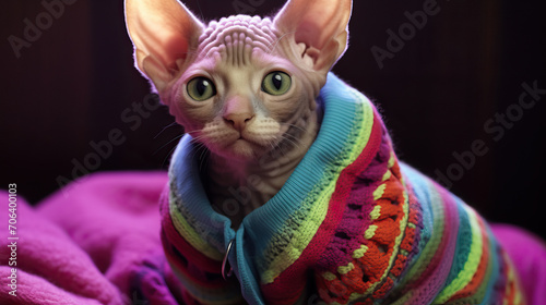 Portrait of an adorable hairless Sphynx cat with a scarf created with Generative AI technology