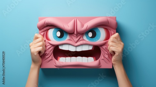 Expressive Mental Health Assessment with Angry Face Negative Thinking Evaluated on Blue Background for World Mental Health Day in Light Cyan and Pink Tones photo