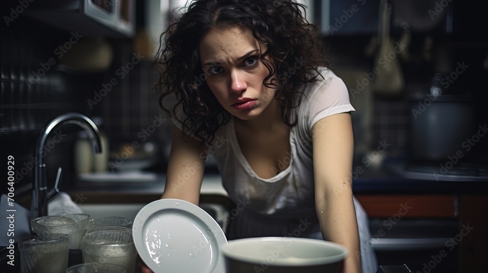 Young woman with a sad face washes dishes