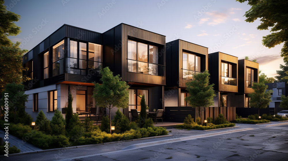 Urban Sophistication: Exterior View of Modern Private Black Townhouses