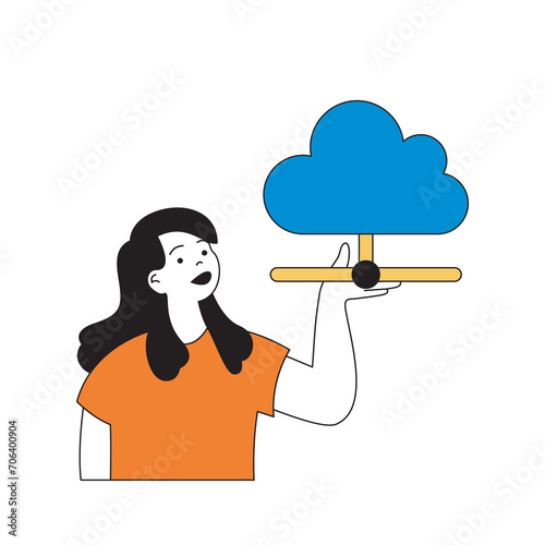 Cloud computing concept with cartoon people in flat design for web. Woman using cloud storage technology and internet hosting service. Vector illustration for social media banner, marketing material.