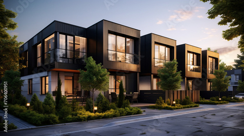 Urban Sophistication  Exterior View of Modern Private Black Townhouses