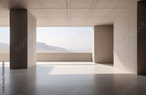 concrete stark space on sunny day. minimalist architectural interior in beige tones.