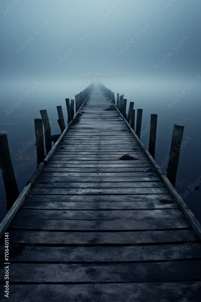 Fototapeta premium Wooden pier reaching into an empty body of water AI generated illustration