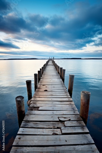 Wooden pier reaching into an empty body of water  AI generated illustration