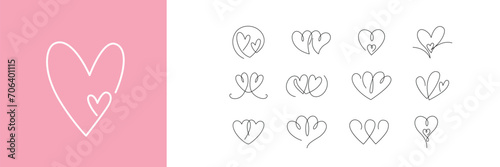 Two hearts continuous one line draw vector illustration set. Hearts