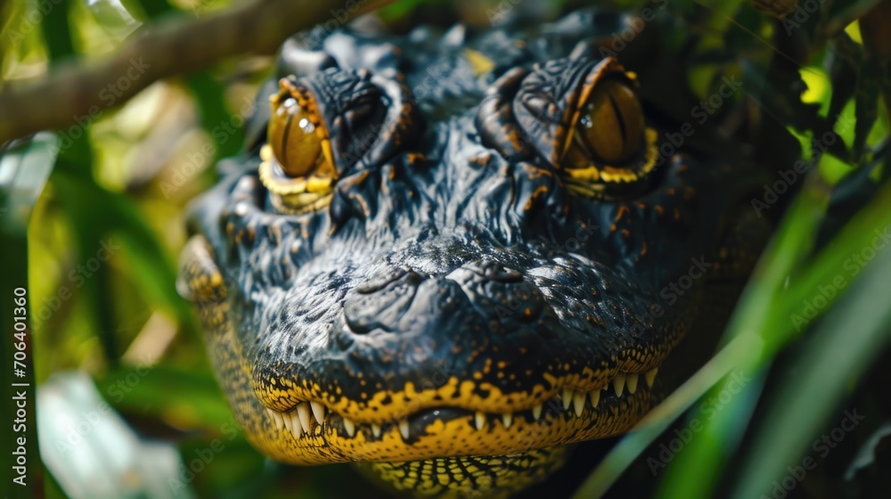 Close-up shot of an alligator's head in a tree. Perfect for nature and wildlife enthusiasts.