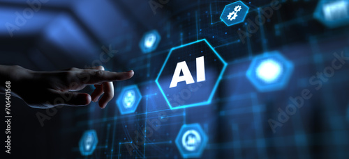 AI Artificial intelligence machine deep learning neural network cyber brain modern technology concept. Hand pressing button.