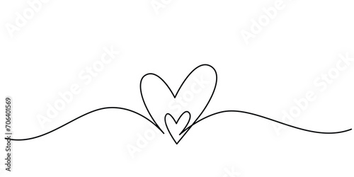 Two hearts in simple one line style. Love background in continuous