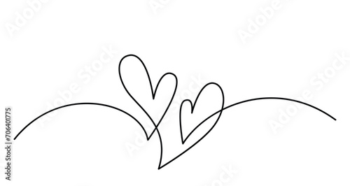 Two hearts in simple one line style. Love background in continuous